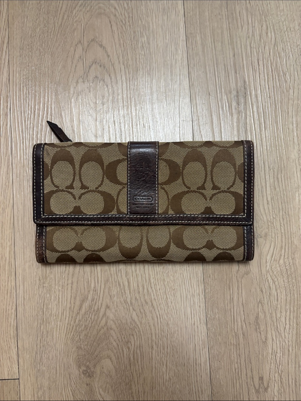 Coach Vintage Brown Signature Canvas Trifold Wallet